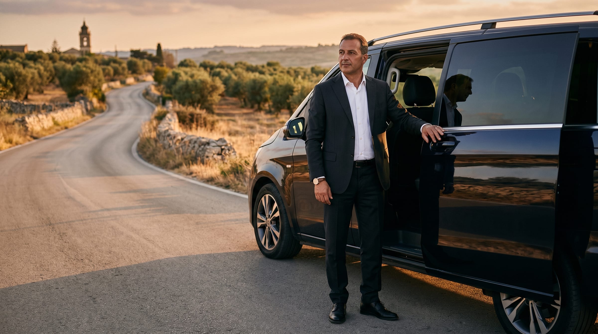 Van di lusso parcheggiato in una strada del Val di Noto al tramonto